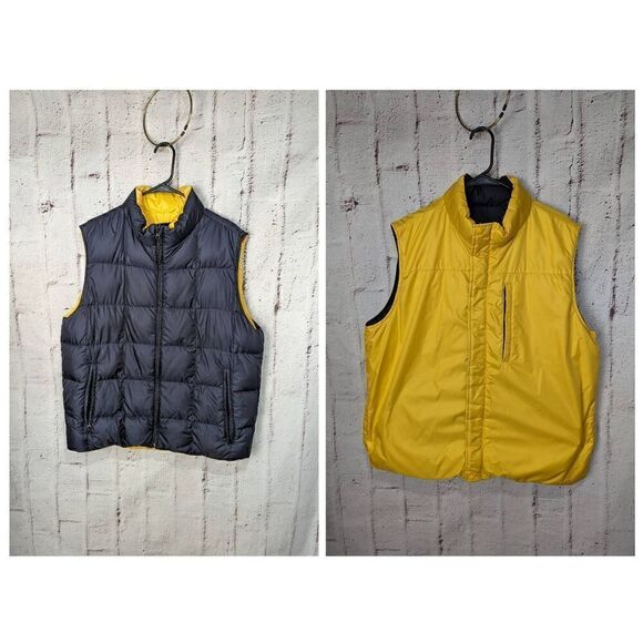 Lands End Vest Large L Black Yellow Goose Down Mens Puffer Full Zip Up Reversibl - Picture 1 of 5